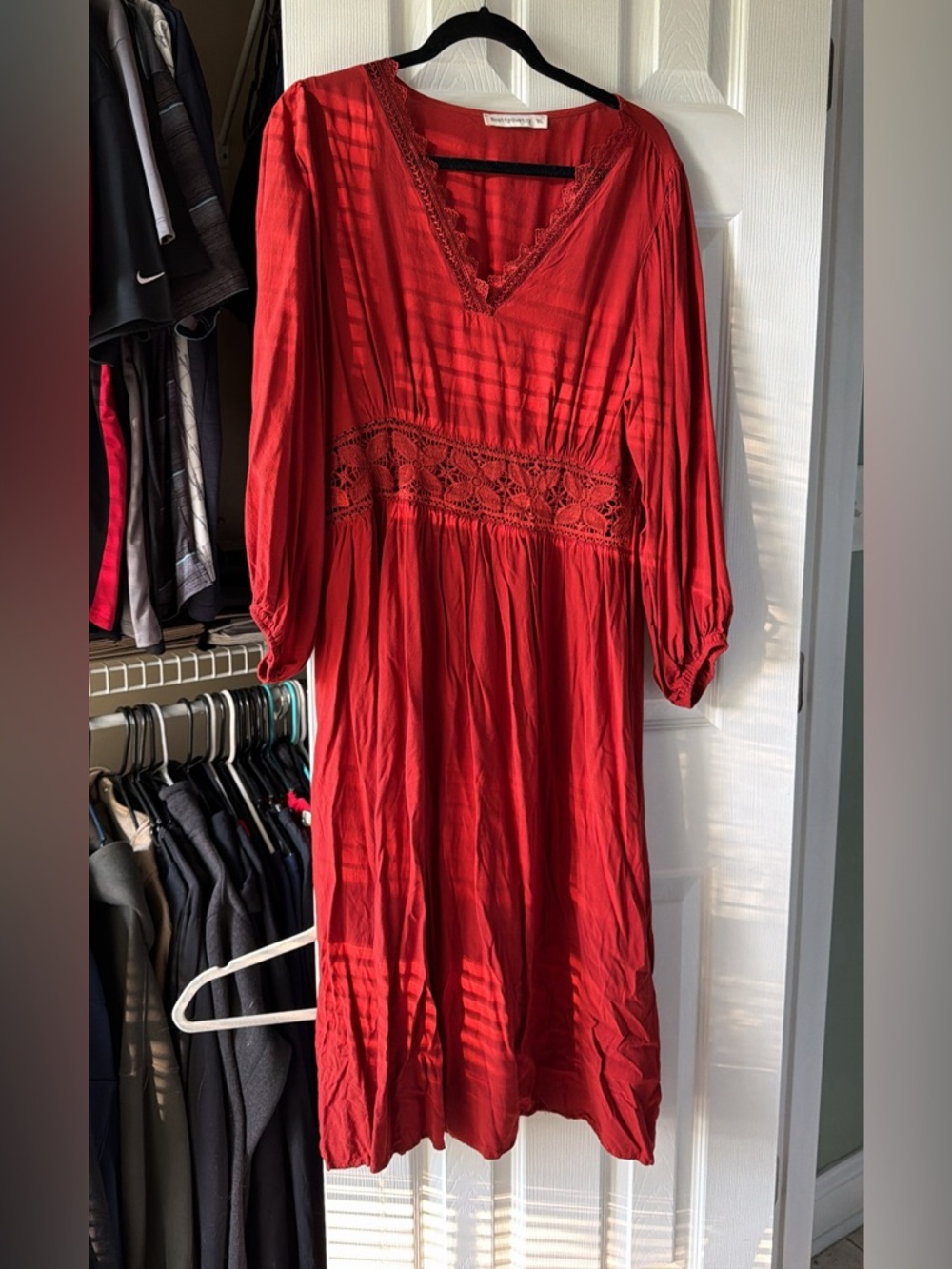 Red V-Neck Lace Waist Women's Dress